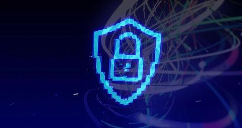 Glowing Neon Pixel Shield Protecting Digital Networks with Padlock Hologram Glitch Effect