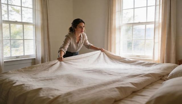 Woman making bed in sunlit minimalist bedroom with neutral linen duvet and pillows