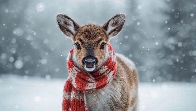 Winter fawn wearing red check scarf standing in snowy forest with falling snowflakes
