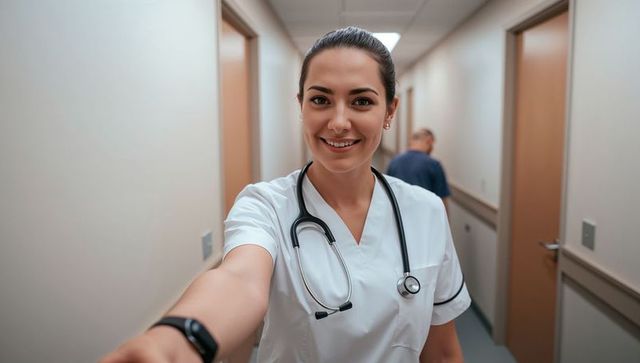 Smiling nurse reaching toward camera in clinic corridor wearing stethoscope and scrubs