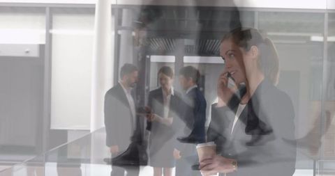 Businesswoman having phone call with busy office movement timelapse