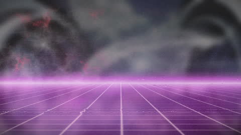 Retro Futuristic Digital Grid with Moving Shapes and Cloudscape