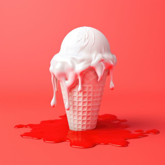 Vanilla ice cream in cone on red background, created using generative ai technology. Dessert, flavour, colours and food concept digitally generated image. V