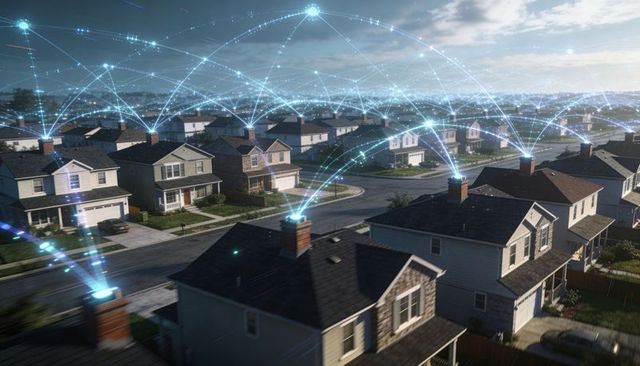 Suburban smart network linking homes with glowing chimney beacons