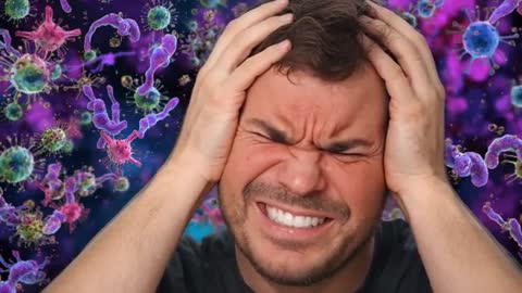 Man Experiencing Headache Surrounded by Virus Illustrations