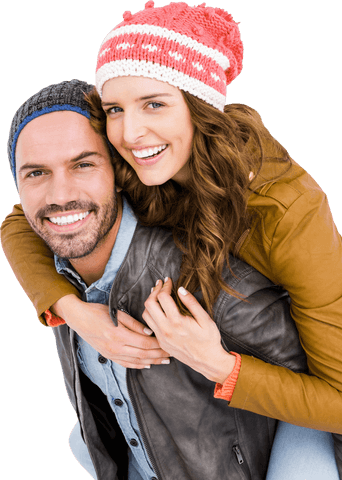 Happy Couple Enjoying Winter Piggyback Ride, Transparent Background