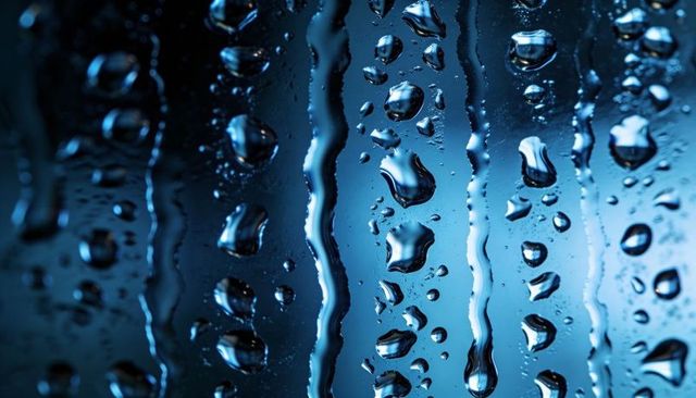 Abstract blue water droplets on glass with vertical streaks and glossy reflections