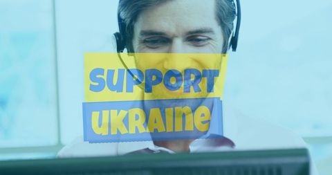Support ukraine banner with male call center operator