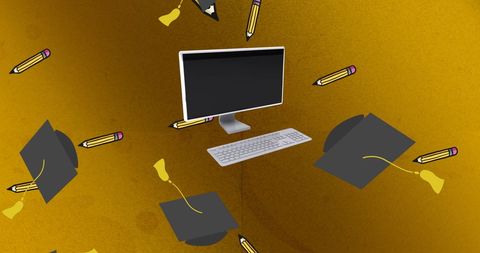 Animated education icons spinning around computer monitor