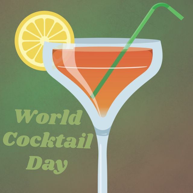 Ideal for promoting World Cocktail Day celebrations, this design features a cocktail glass with a lemon slice and straw against a green background. Perfect for event advertisements, social media posts, and party invitations.