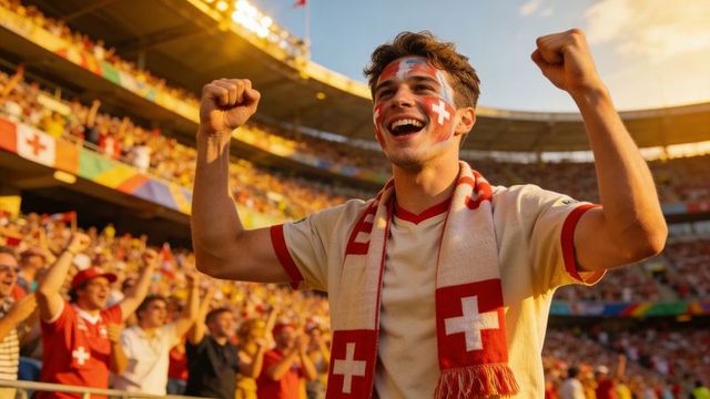 Young swiss soccer fan cheering with face paint and scarf in packed stadium at golden hour