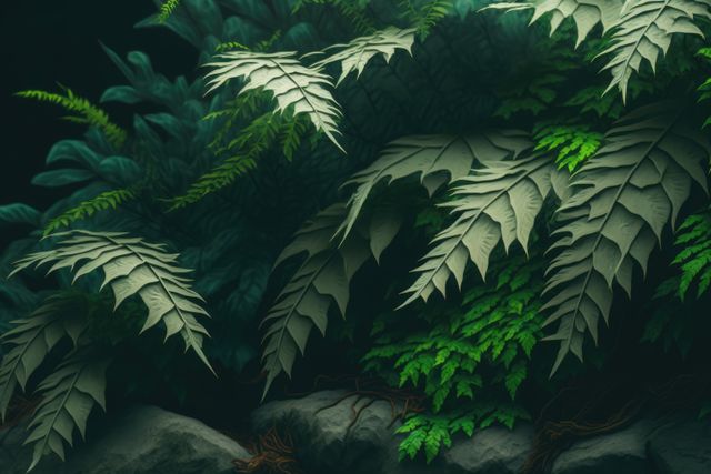 Different green plants leaves on black background created using generative ai technology. Tropical foliage, nature and background concept digitally generated image.
