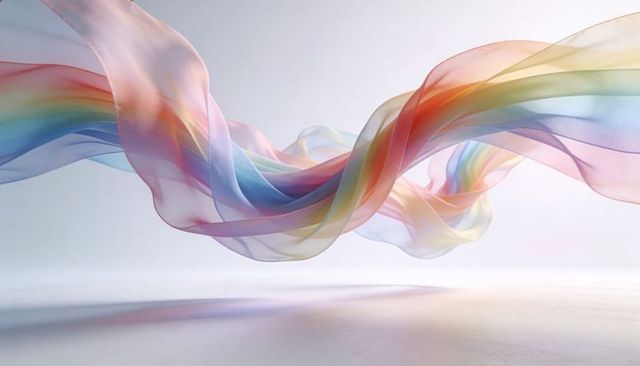 Weightless pastel silk ribbons floating and twisting in soft studio light with translucent layers
