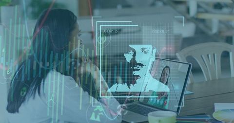 Digital marketing analyst having virtual meeting with data overlay