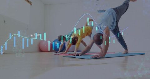 Three adults practicing yoga trio stretching balancing on mats with fitness data overlay