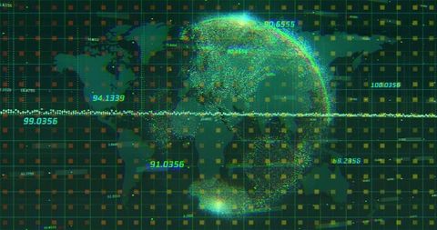 Digital globe with data clusters and numerical analysis display