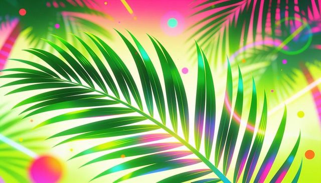 Neon tropical palm frond with vibrant retro gradient and bokeh light accents