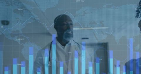 Medical professionals analyzing data with digital technology overlay