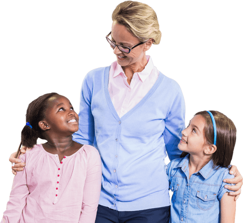Smiling Teacher with Diverse Students on Transparent Background