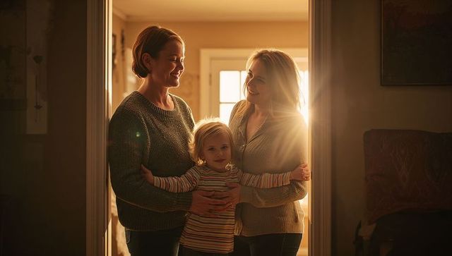 Warm backlit family moment two adults holding child in cozy home entryway golden hour