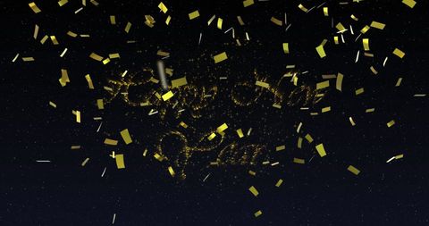 Golden Happy New Year Text with Confetti and Fireworks