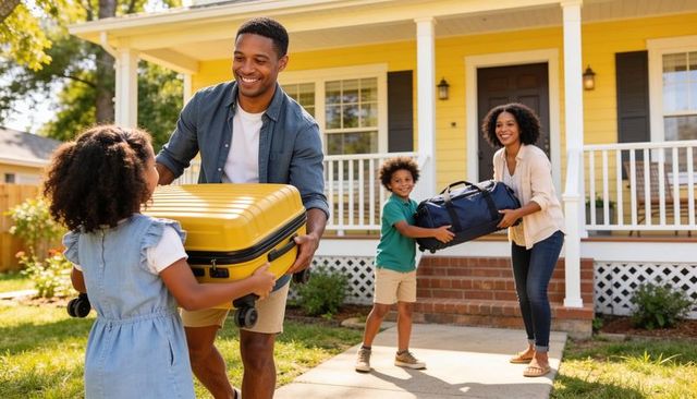 Smiling family carrying luggage on suburban front porch preparing for vacation or move