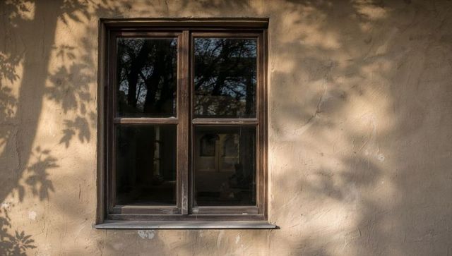 Sunlit Wooden Four-Pane Window Showing Tree Reflections on Weathered Beige Stucco Wall
