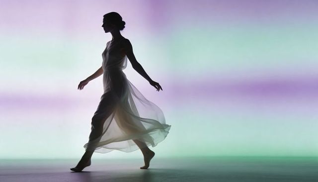 Silhouette woman walking in flowing chiffon gown, gliding barefoot across pastel gradient