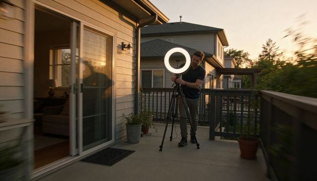 Creator adjusting led ring light on tripod during golden hour on suburban deck