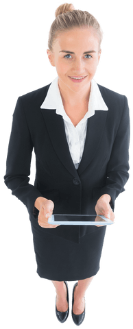 Transparent View Of Businesswoman Holding Tablet Smiling