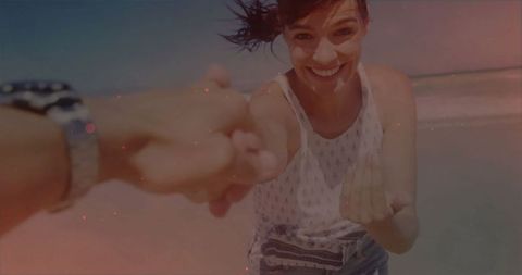 Joyful Woman on Sandy Beach in Fashionable Casual Attire
