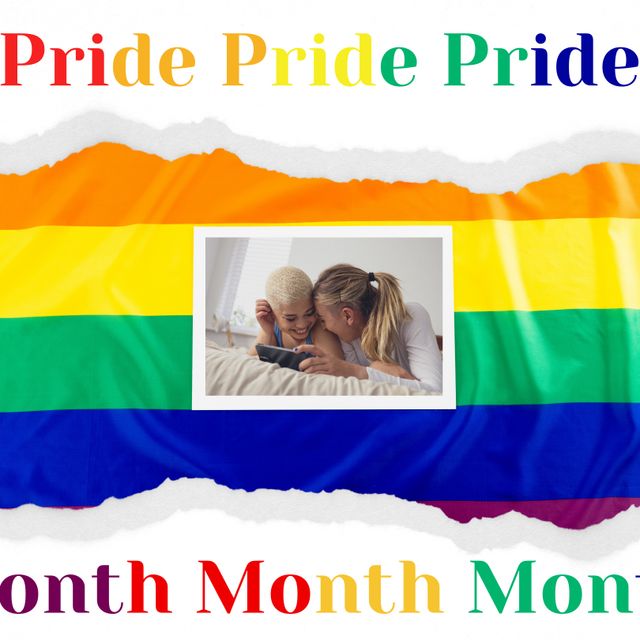 Happy Female Gay Couple Pride Month Celebration with Rainbow Background - Download Free Stock Templates Pikwizard.com