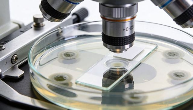 Focusing microscope objective hovering over petri dish slide showing microbial colonies