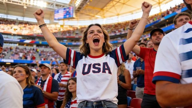 Young woman cheering and raising arms in packed stadium wearing usa t-shirt and facepaint