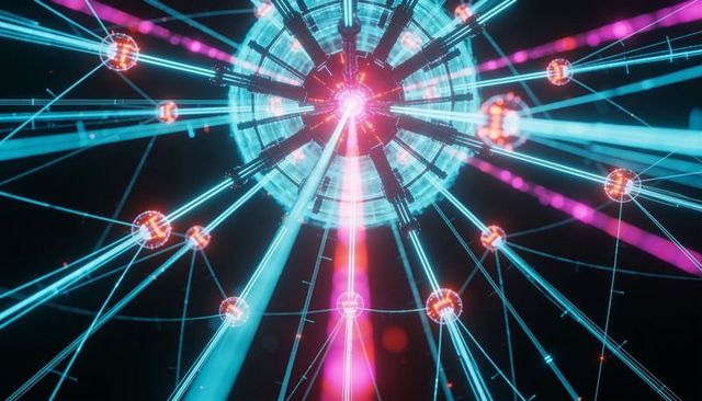 Glowing neural network core emitting cyan and magenta beams in futuristic holographic grid