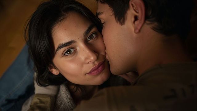 Intimate couple lying on wood floor, woman gazing at camera, close romantic portrait