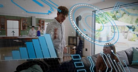 Young man gesturing at holographic smart home hud with analytics graphs and futuristic ui