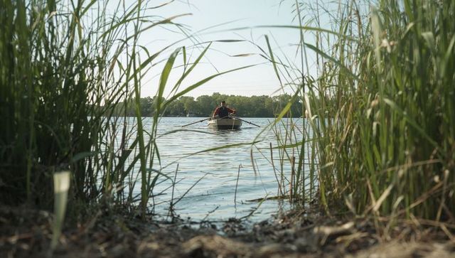 Rowing through tall reeds on calm freshwater lake, lone rower wearing red life jacket