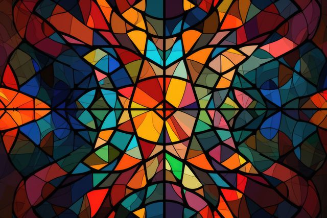 The image showcases a lively and colorful abstract geometric stained glass pattern. This pattern features a myriad of shapes and vivid colors, creating a beautiful mosaic design that is both dynamic and eye-catching. Ideal for use as a background in design projects, art-related websites, digital interfaces, posters, invitations, or any media requiring a burst of color and artistic flair.