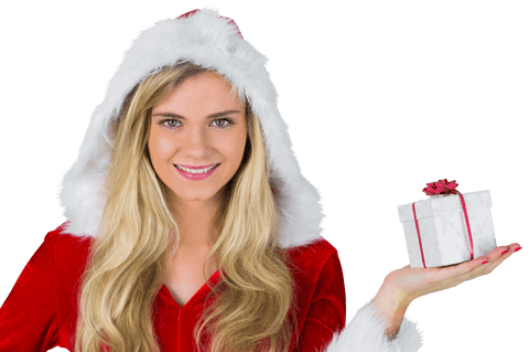 Smiling Woman in Santa Outfit Holding Transparent Gift