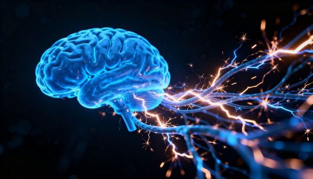 Glowing Neon Brain Sending Electric Sparks Along Neural Filaments Representing AI