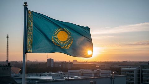 Kazakhstan flag waving over urban rooftops at sunset backlit sun and eagle emblem