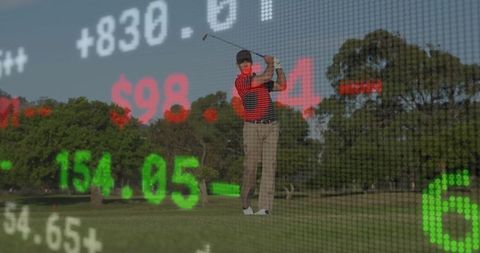 Golfer swinging on fairway with dynamic market ticker overlay