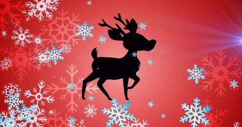 Festive Fawn Silhouette with Snowflakes on Red Background