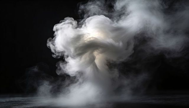 Rising Twisting Smoke Plume with Ethereal Glow over Dark Reflective Studio Floor