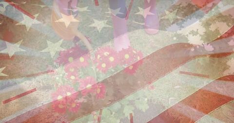 American Flag Superimposed Over Woman Gardening for Patriotic Theme