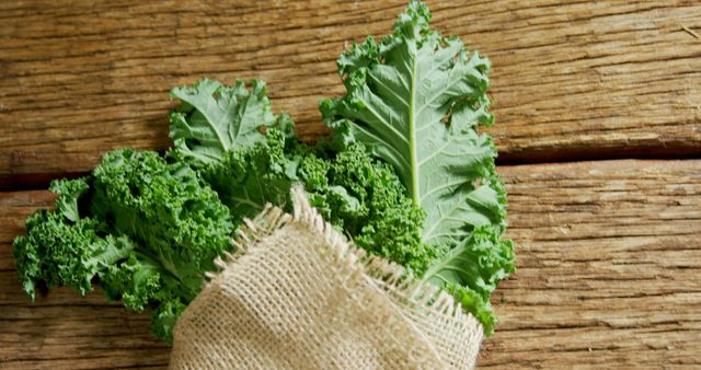 Fresh kale leaves are bundled in a burlap cloth on a rustic wooden table, with copy space. Kale is known for its health benefits and is a popular ingredient in nutritious diets.