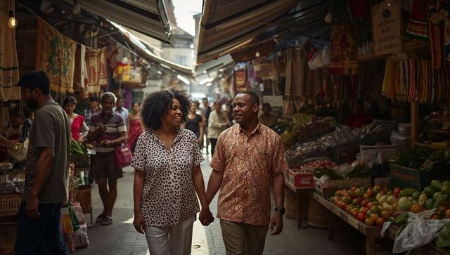 Romantic couple walking hand-in-hand through bustling bazaar with produce and textiles