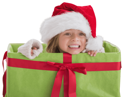 Girl in Santa Hat Peeking from Green Gift Box on Transparent Background