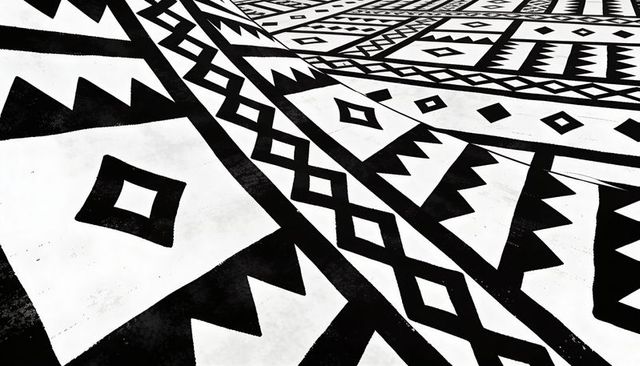 High-contrast monochrome geometric floor mural with diamond zigzag tessellation art